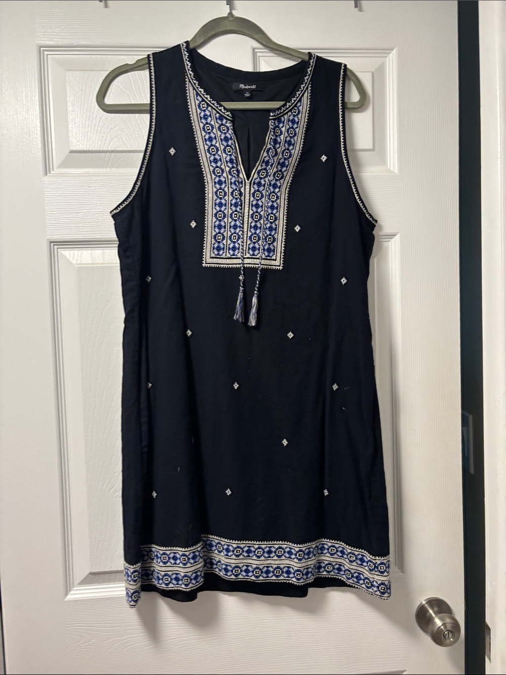 Madewell Blue Sleeveless Dress with Blue & White Embroidery